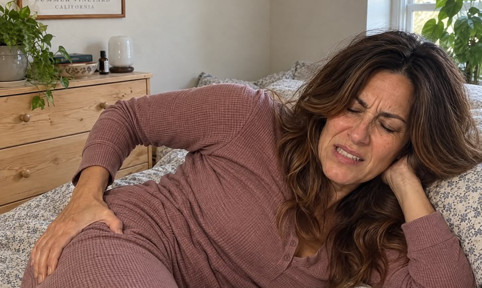 Woman lying in bed in pain from her outer hip
