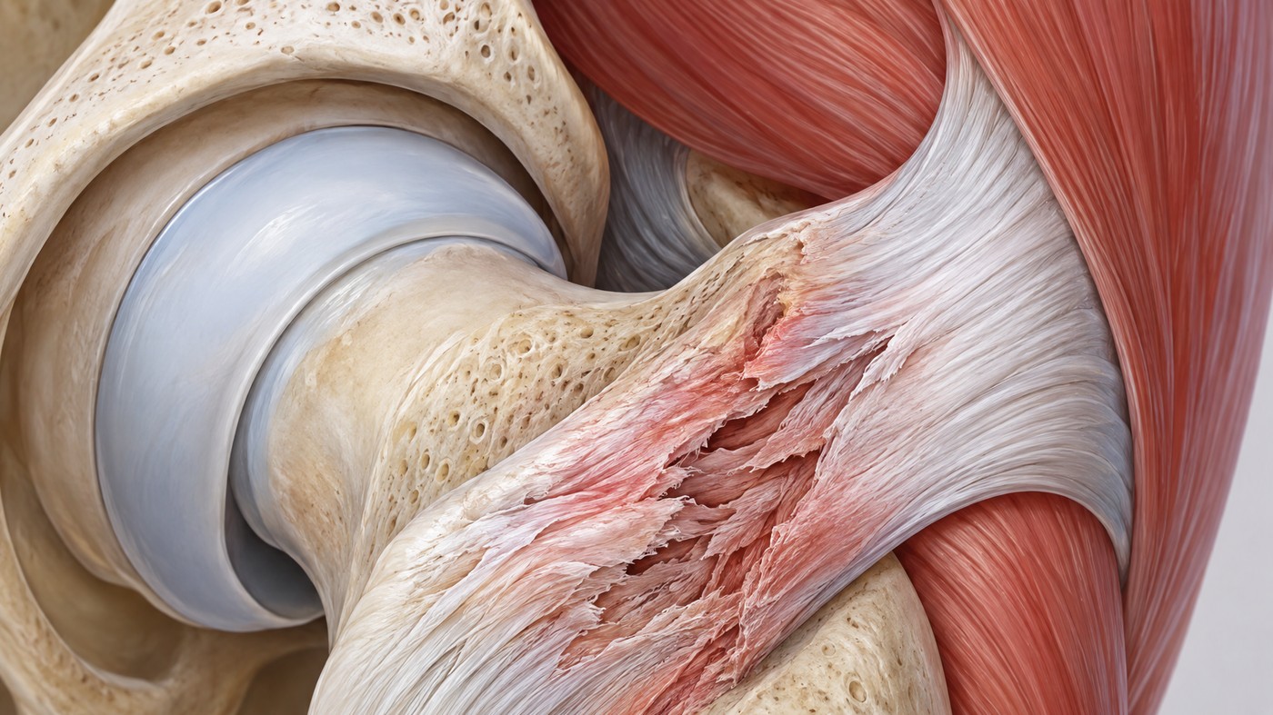 Hip anatomy showing the damaged gluteal tendon on the outside of the hip bone