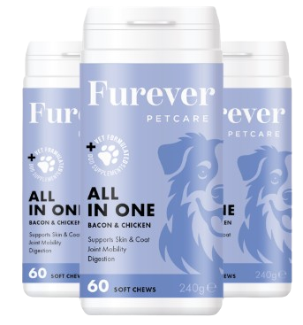 Three white and light blue bottles of Furever Petcare All In One dog supplements.