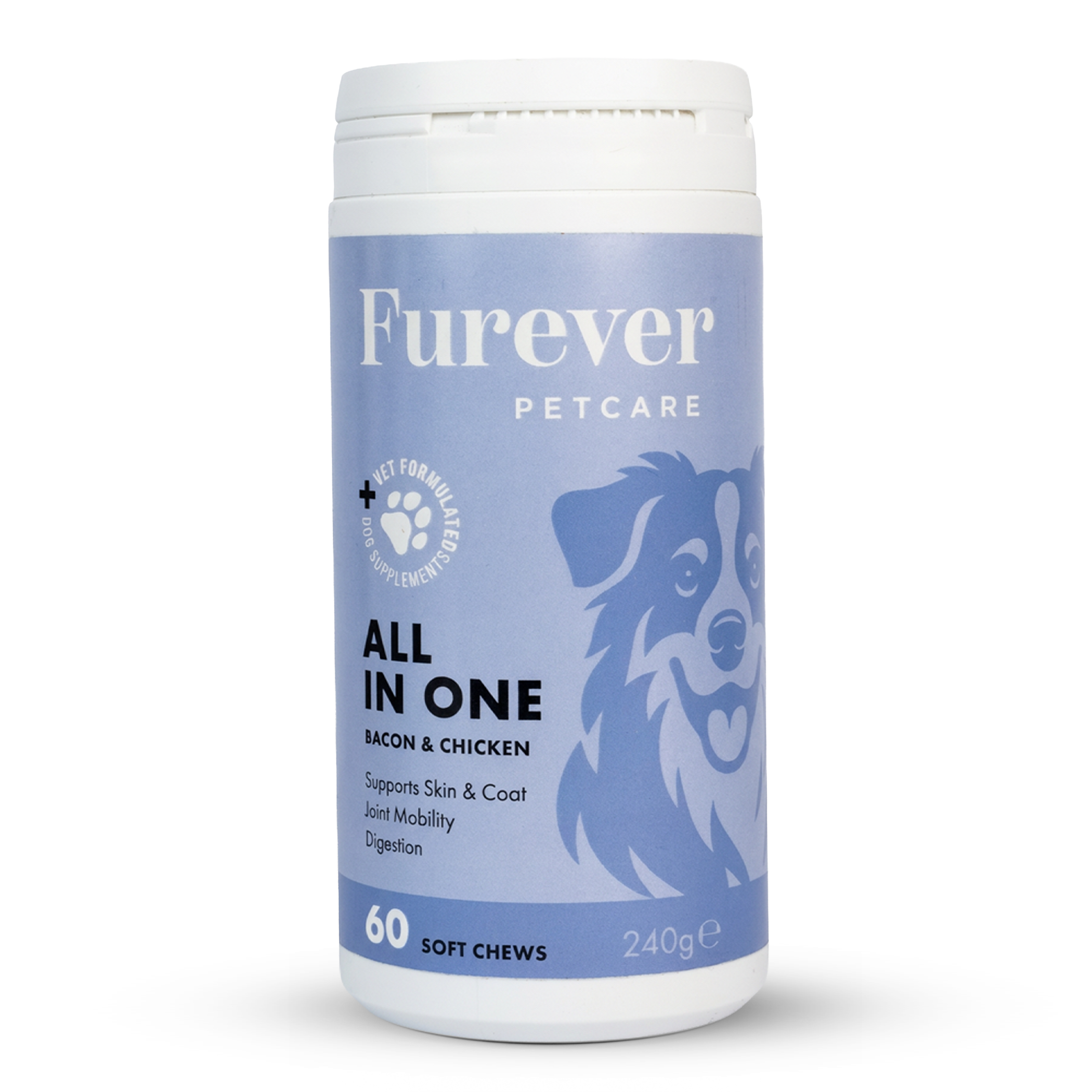 A white container of Furever Petcare All In One Bacon & Chicken soft chew dog supplements against a white background.