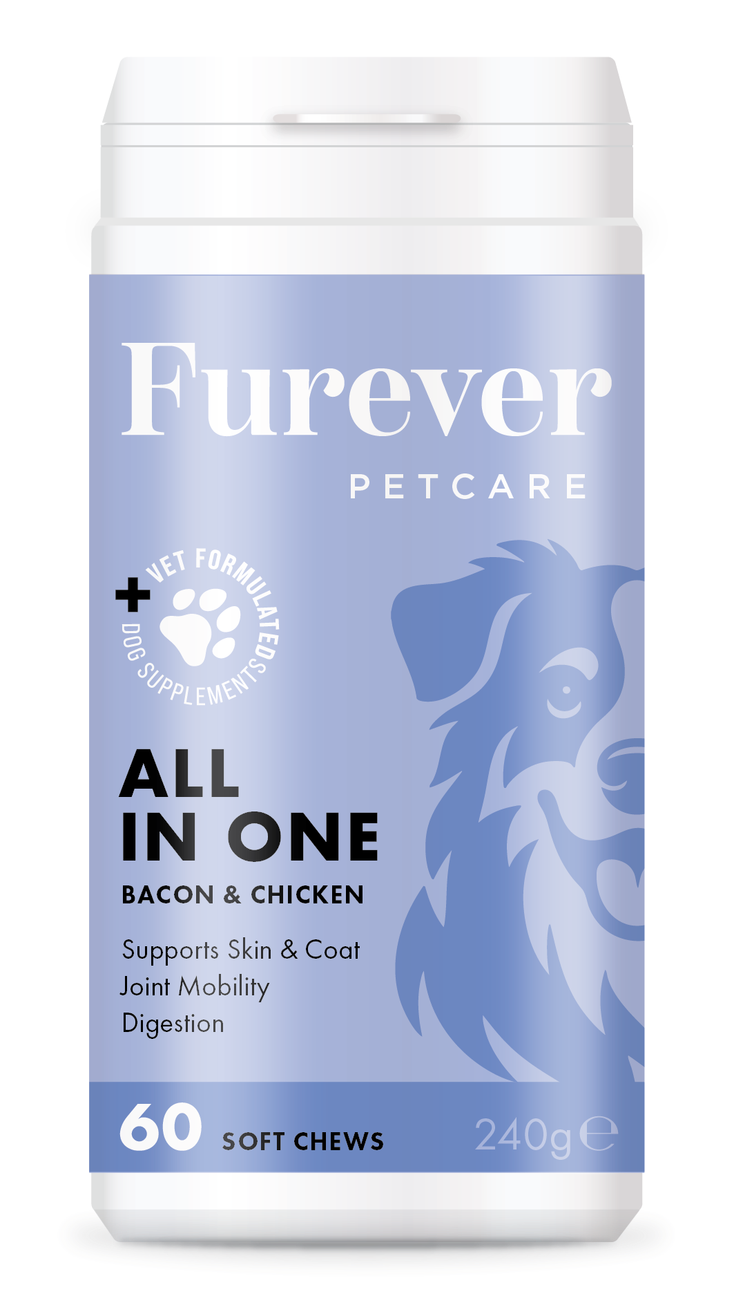A container of Furever Petcare All In One bacon and chicken flavored soft chews for dogs.