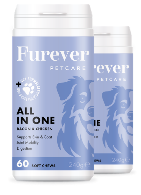 A container of Furever Petcare All In One bacon and chicken flavored soft chews for dogs.