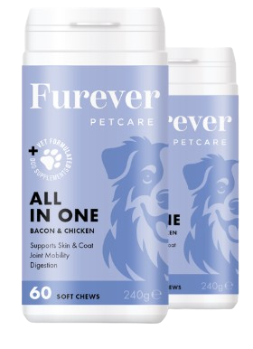 Two containers of Furever Petcare All In One bacon and chicken flavored soft chews for dogs.