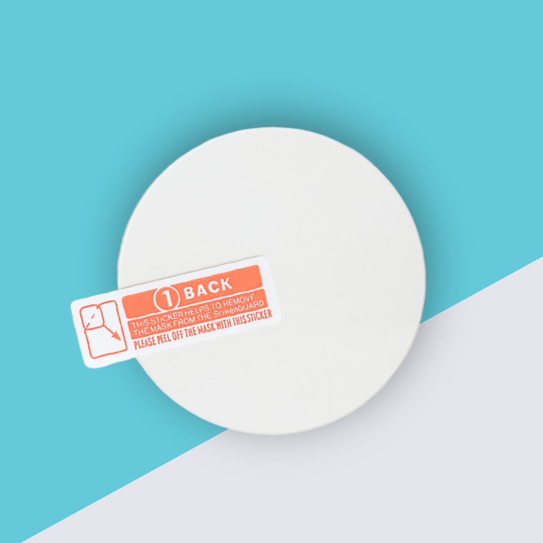 A circular screen protector with an orange and white sticker tab labeled '1 BACK' for application.