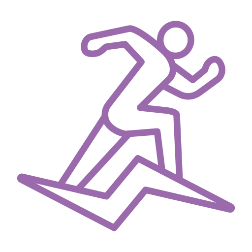 Purple outline of a running figure with a zigzag line underneath.