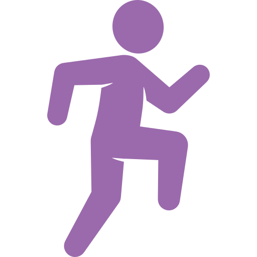Purple stick figure running icon on a white background.