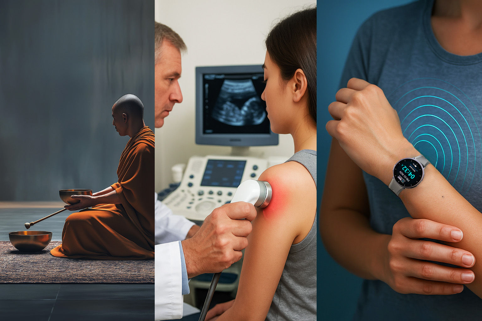 Collage of a monk, medical ultrasound, and a smartwatch on a wrist.