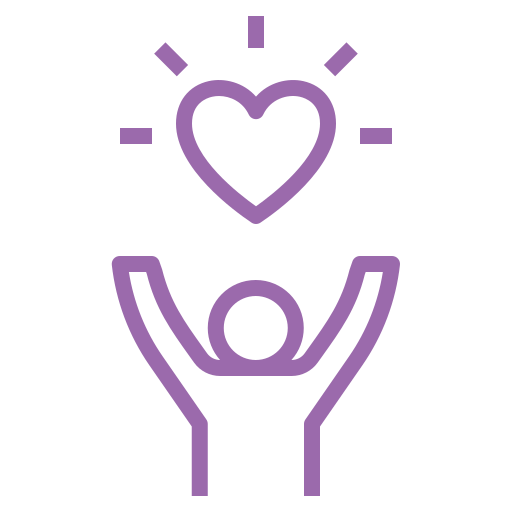Purple outline of a person with raised arms and a heart above.