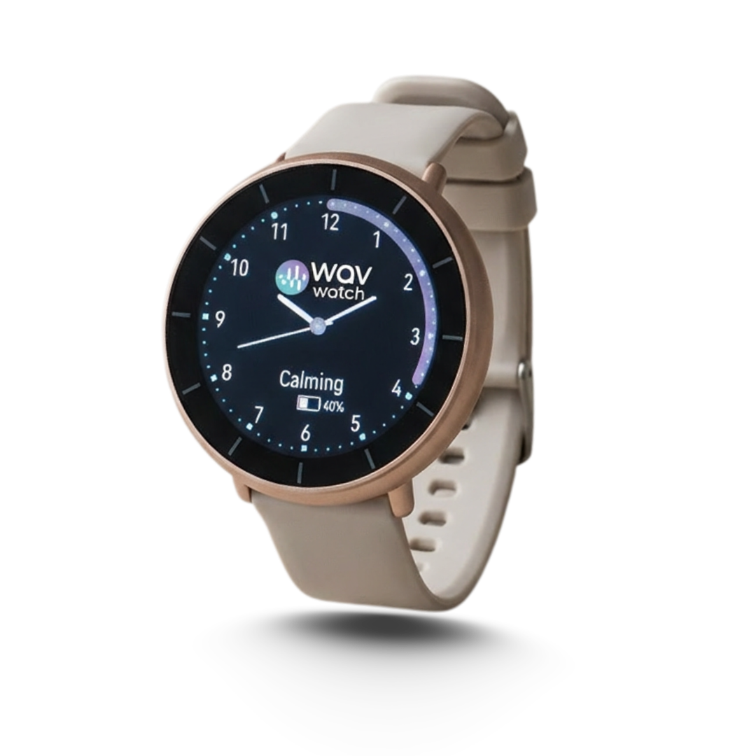 A WAV smartwatch with a rose gold case and a light-colored band against a white background.