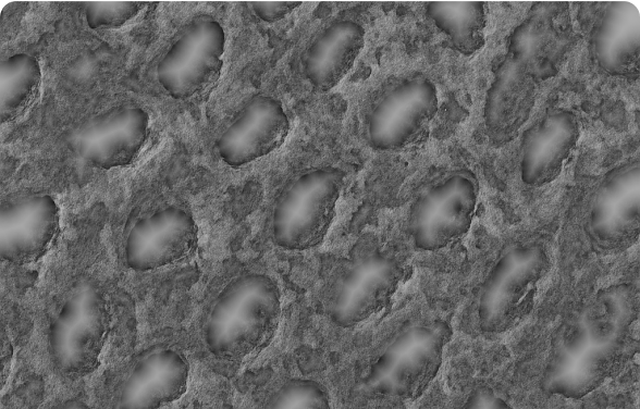 Close-up of a textured gray surface with irregular oval indentations.
