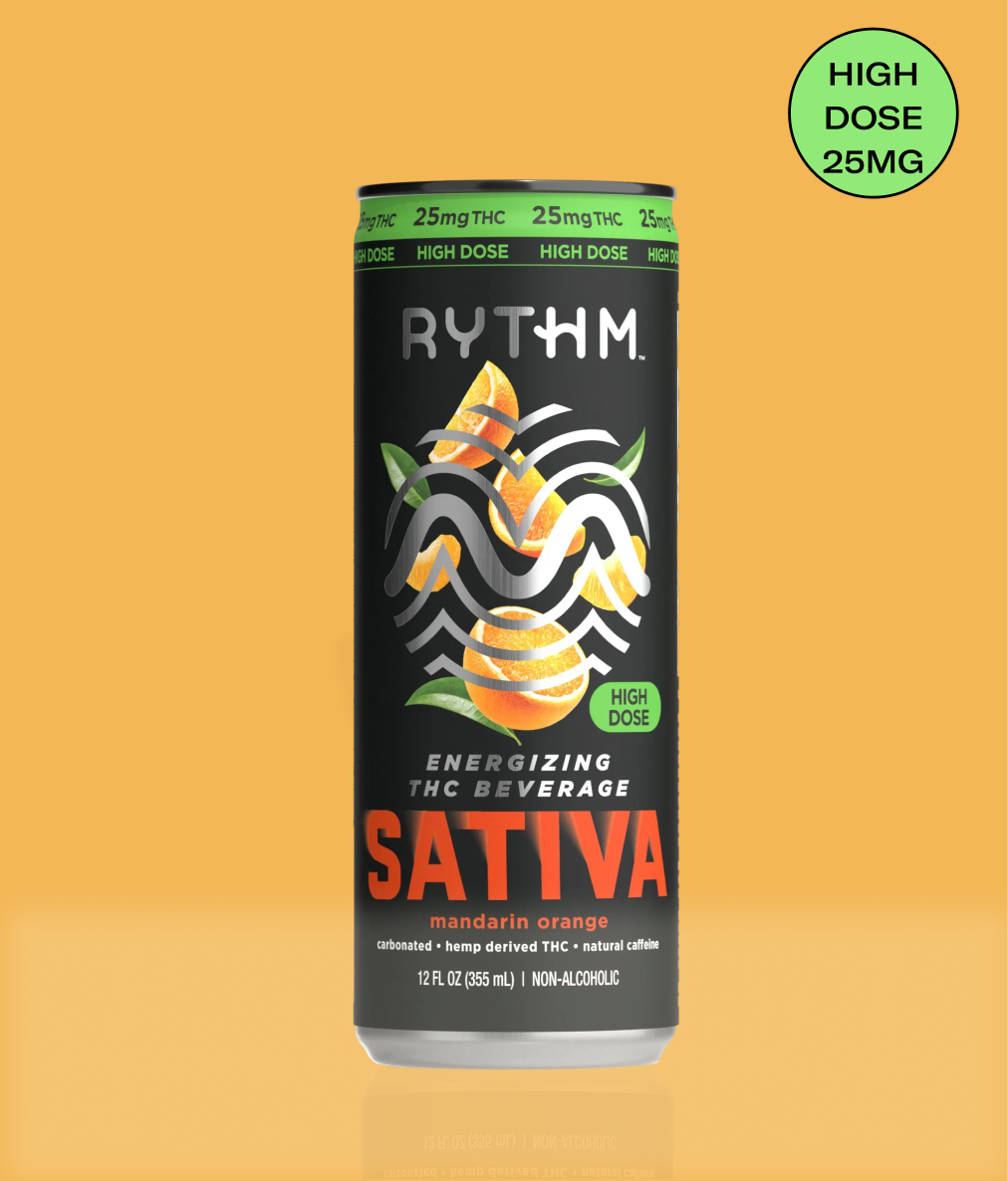A black can of Rythm Sativa Mandarin Orange THC beverage against a solid orange background.