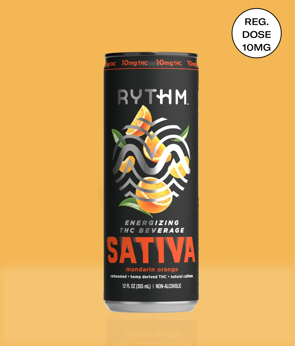 A black can of Rythm Sativa Mandarin Orange, an energizing THC beverage, on an orange background.