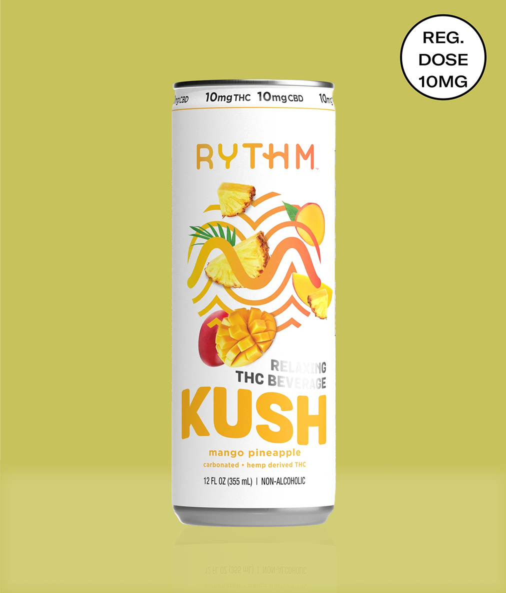 A can of Rythm Kush mango pineapple relaxing THC beverage on a light green background.
