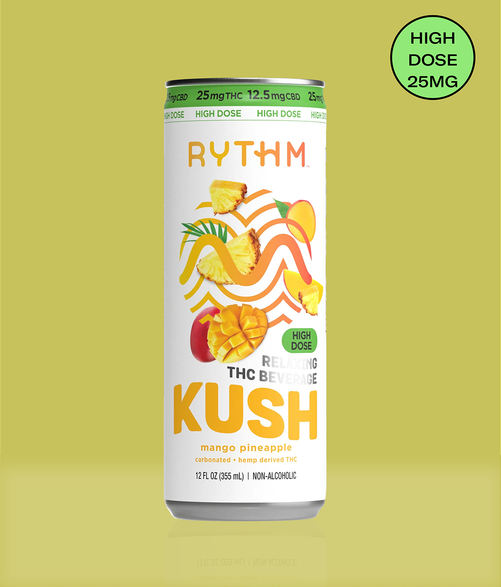 A can of Rythm Kush mango pineapple relaxing THC beverage on a yellow-green background.