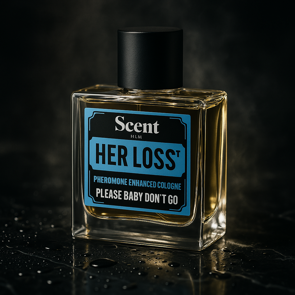 A bottle of cologne labeled 'Her Loss' on a dark surface.