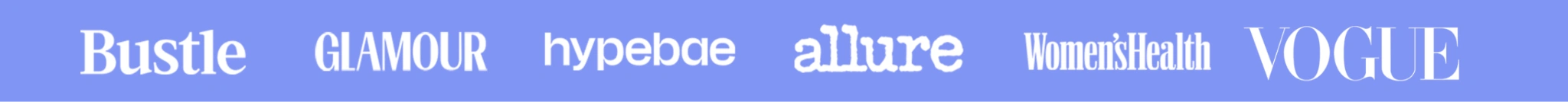 Logos of Bustle, GLAMOUR, hypebae, allure, Women's Health, VOGUE on a blue background.