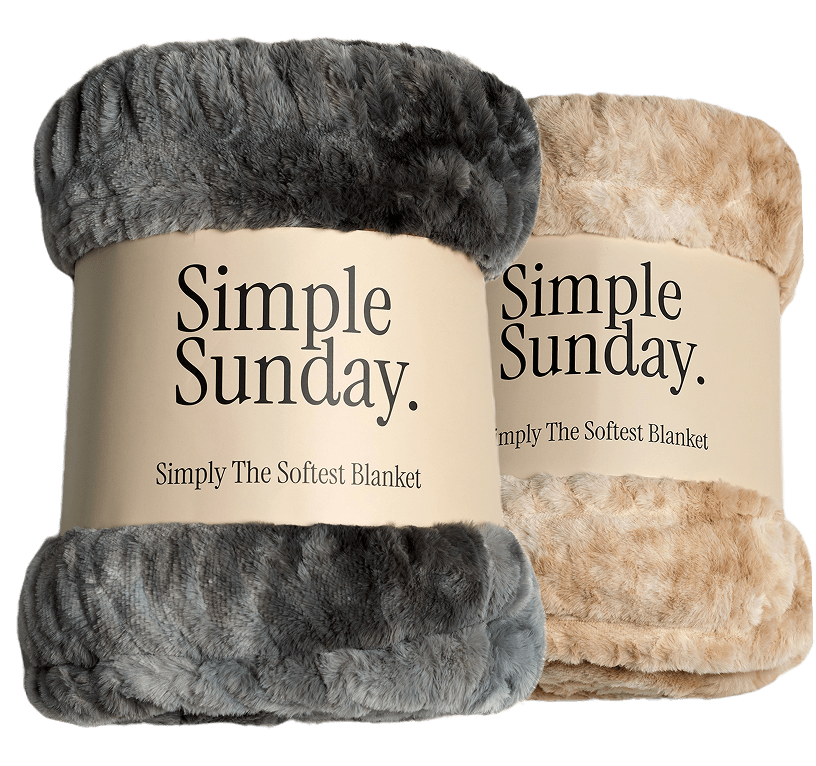 Two rolled blankets labeled 'Simple Sunday' in gray and beige colors.