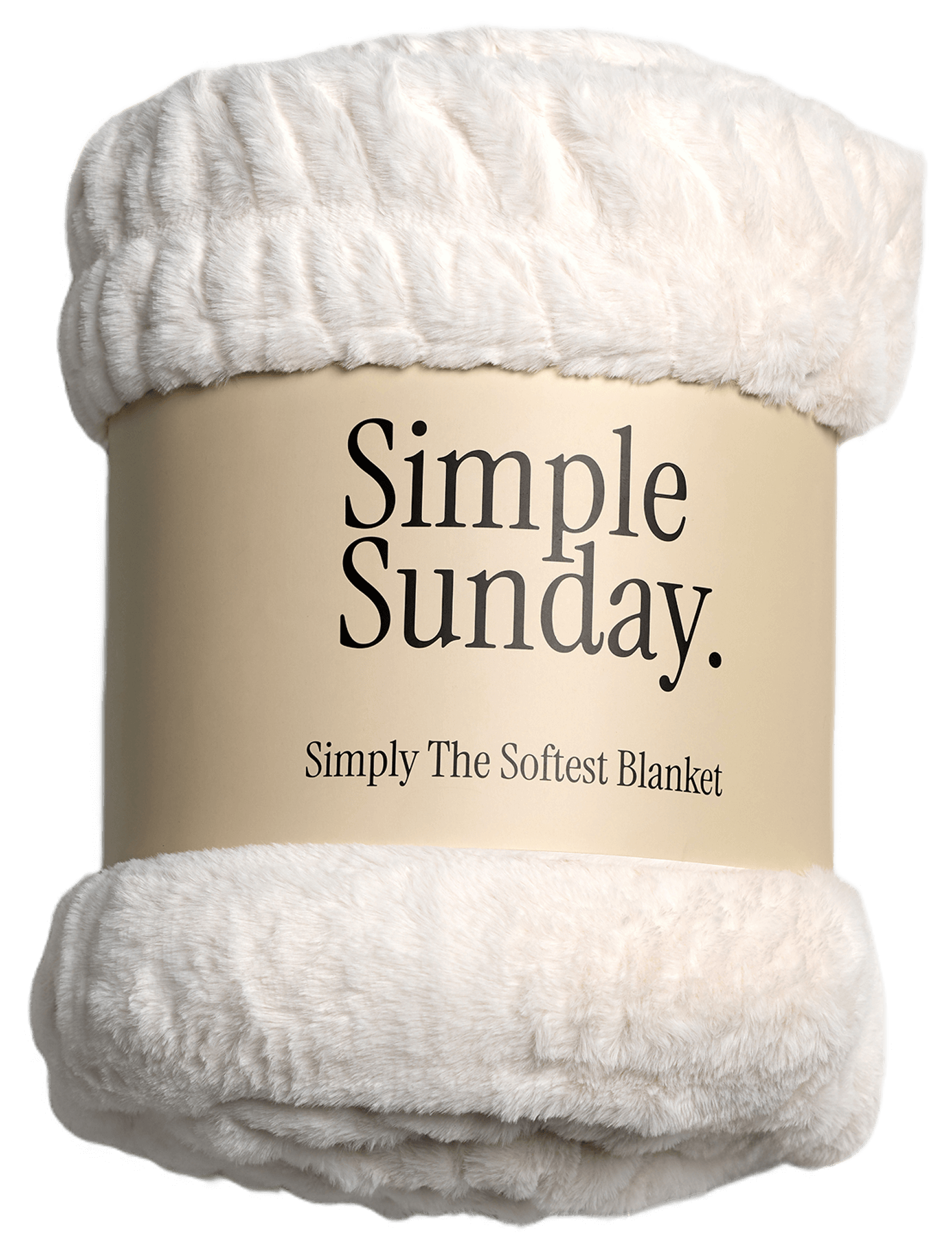 White plush blanket with 'Simple Sunday' label.