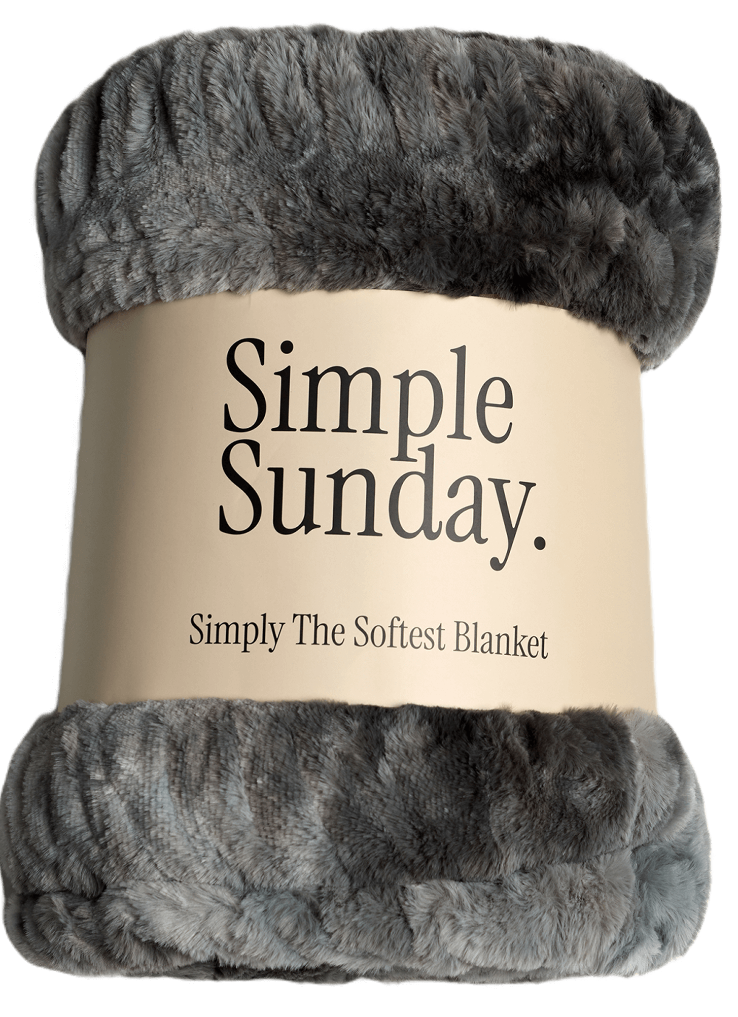 A gray, fluffy blanket labeled 'Simple Sunday, Simply The Softest Blanket.'