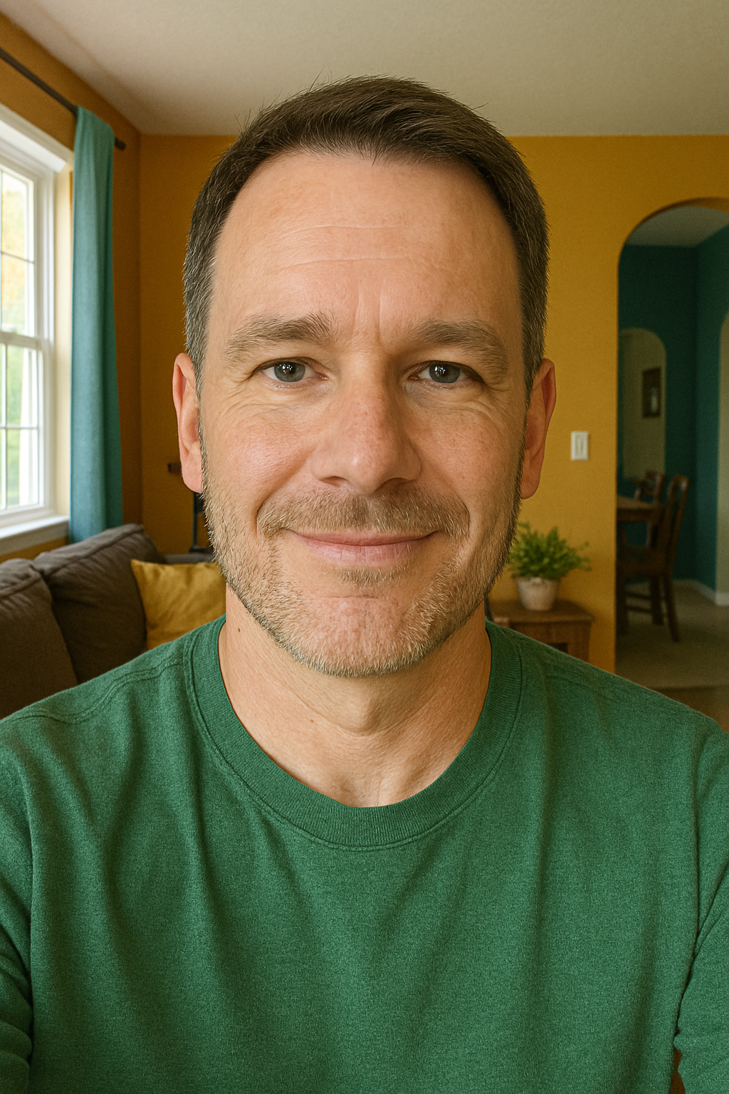 A man in a green shirt smiling indoors with a yellow wall background.