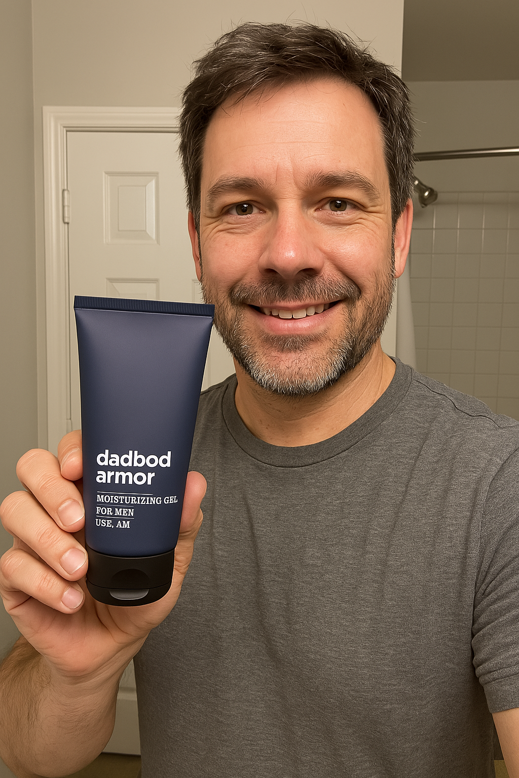 Man holding a tube of moisturizing gel labeled 'dadbod armor' in a bathroom.
