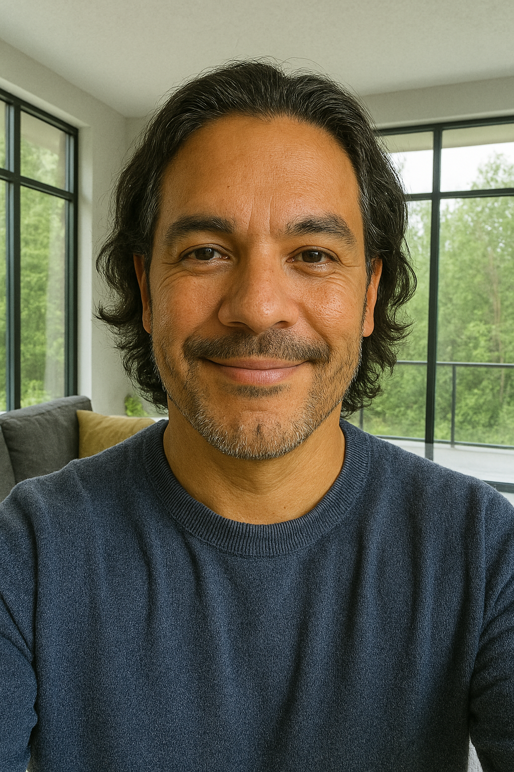 Smiling man with dark hair and beard in a bright room with large windows.