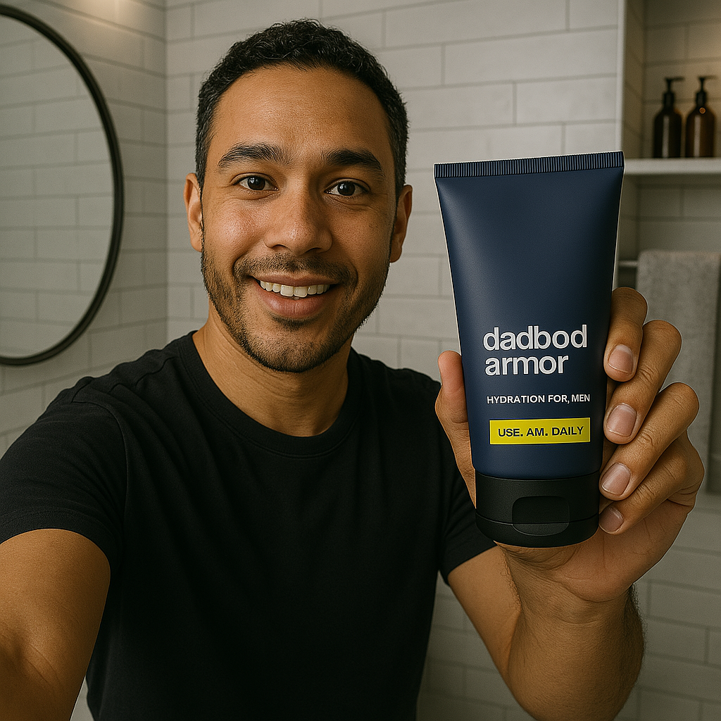 Man holding a tube of men's skincare product in a bathroom.