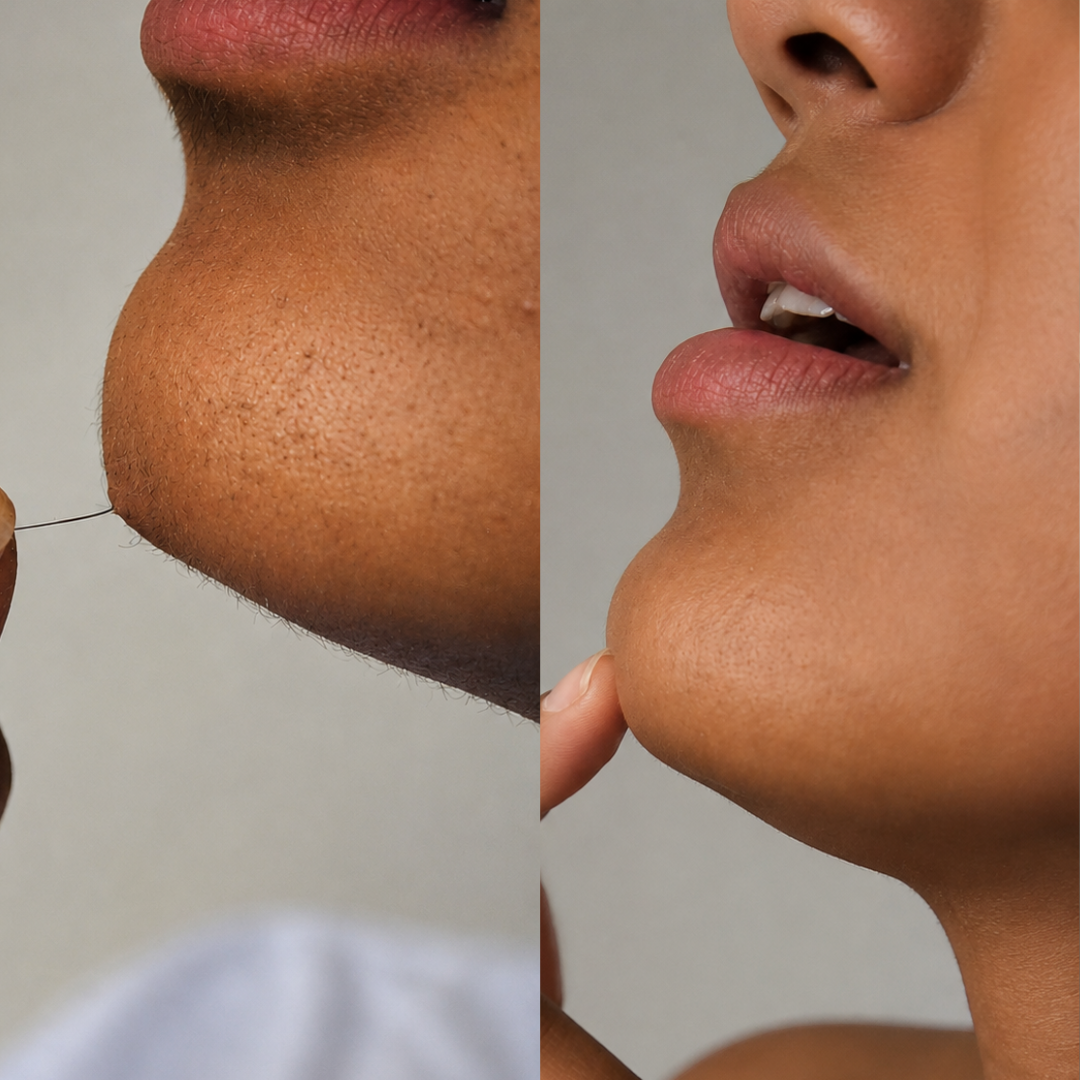 A split-screen, before-and-after image of a stray hair being removed from a person's chin.