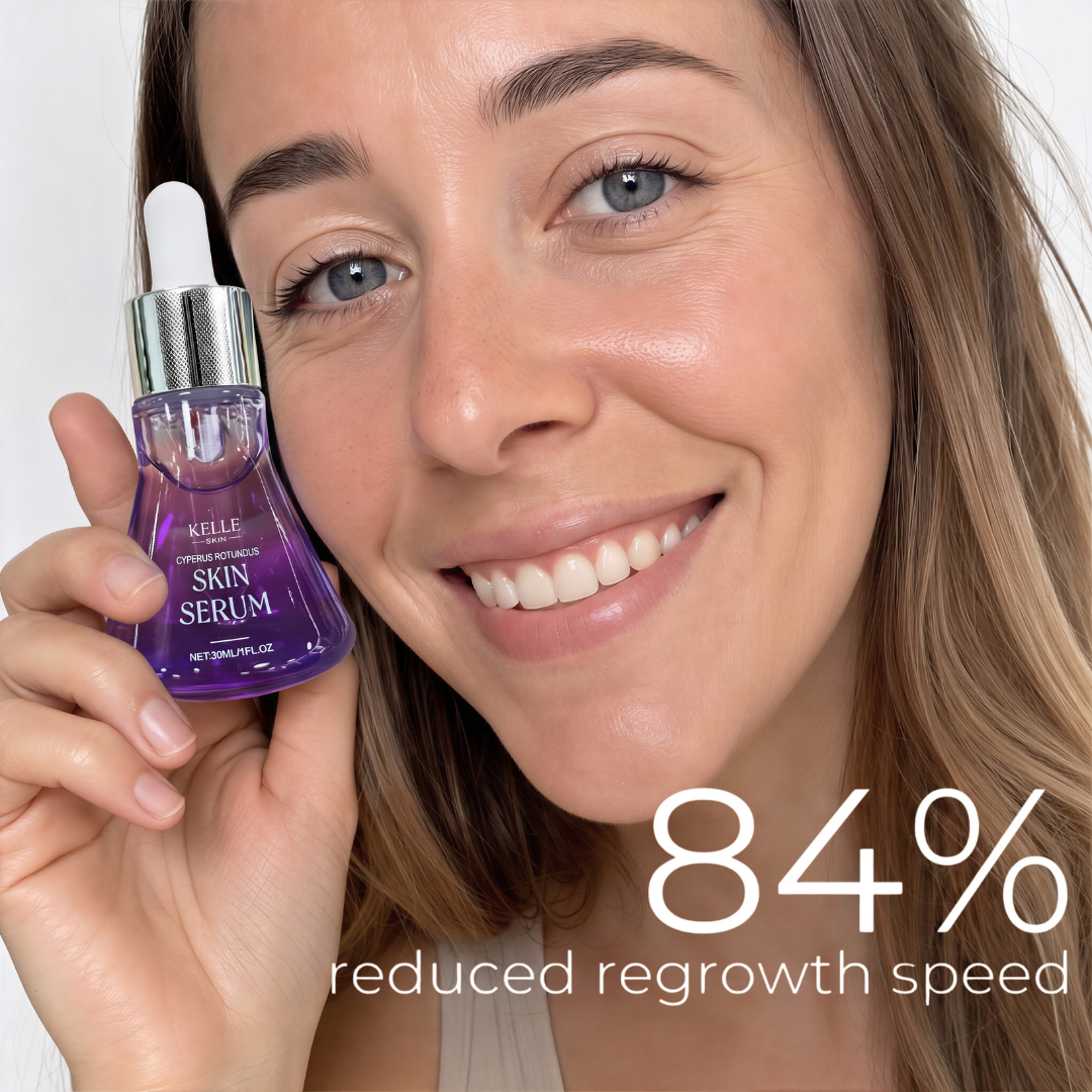 A smiling woman holds a bottle of purple skin serum. Text reads: 84% reduced regrowth speed.