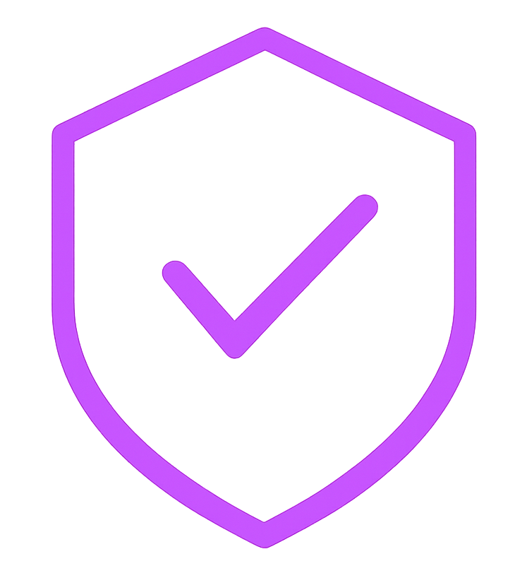 A purple icon of a shield with a checkmark inside on a black background.
