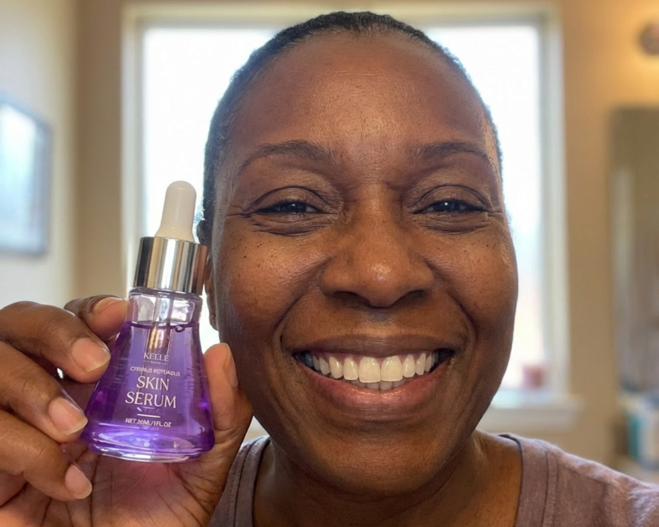 Person smiling while holding a bottle of skin serum.