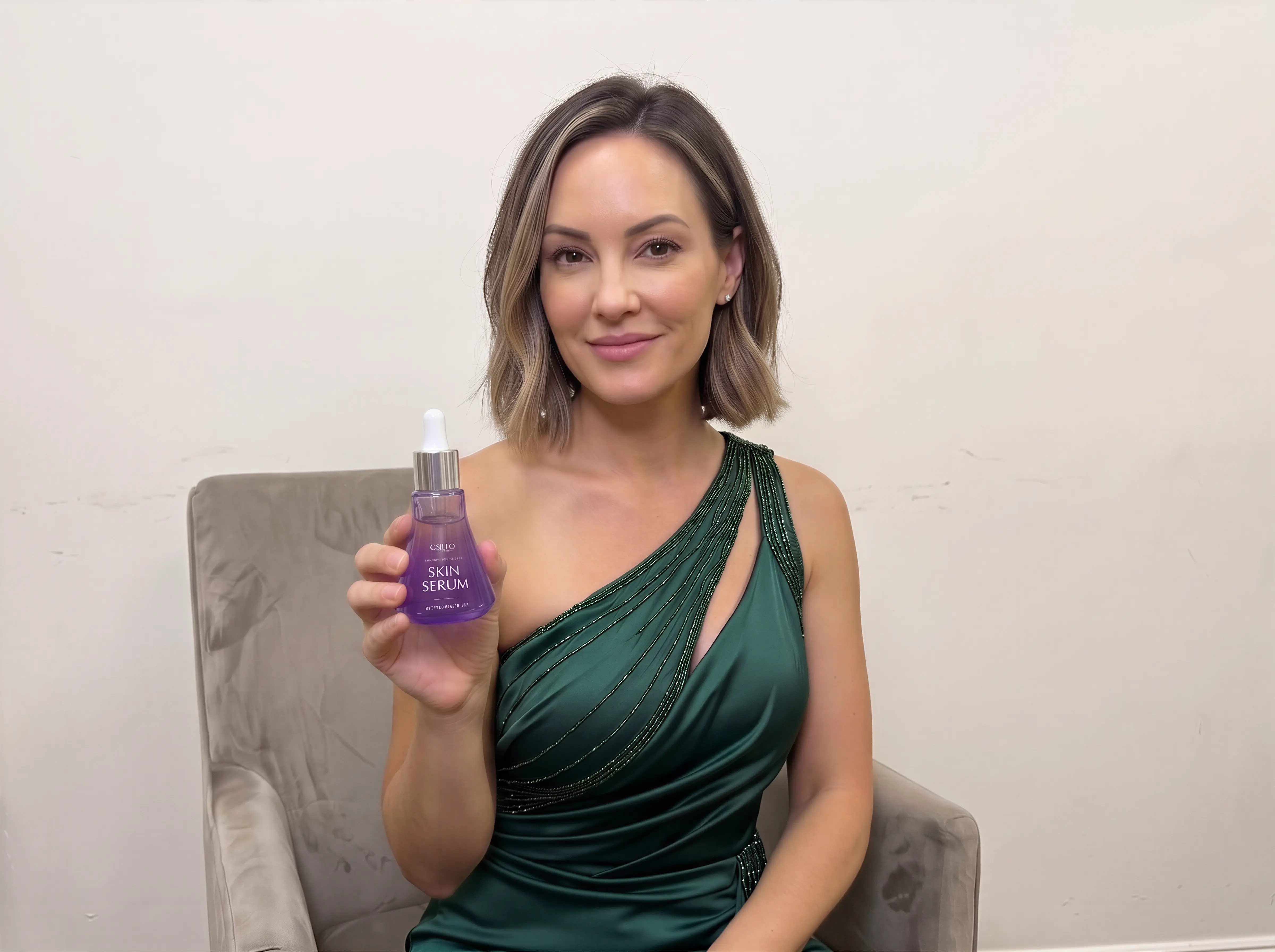 A woman in a green one-shoulder dress sits in a chair holding a purple bottle of skin serum.