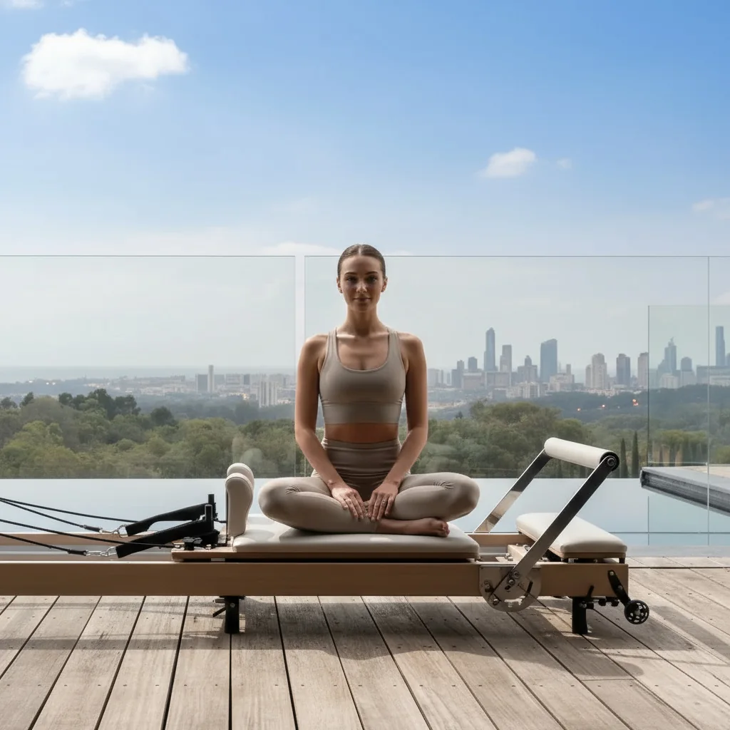 Person seated on a Pilates reformer with a city skyline in the background.