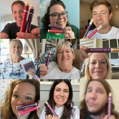 Collage of nine people holding skincare product tubes and smiling at the camera.