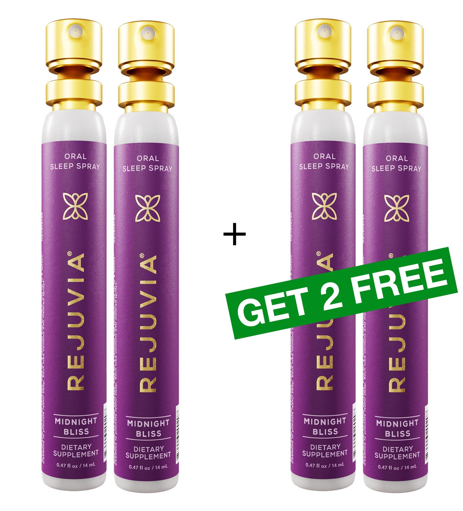 Four bottles of Rejuvia Oral Sleep Spray against a black background, with a 'Get 2 Free' offer.