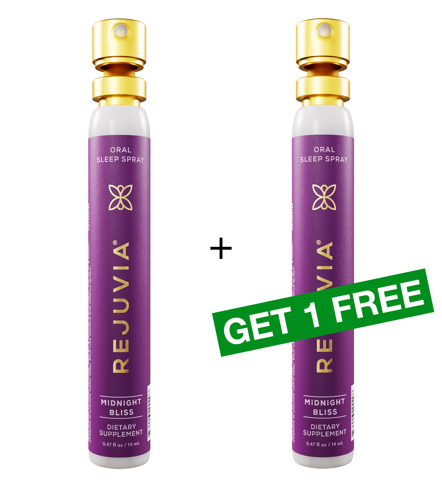 Two bottles of Rejuvia Midnight Bliss Oral Sleep Spray with a green 'GET 1 FREE' banner.