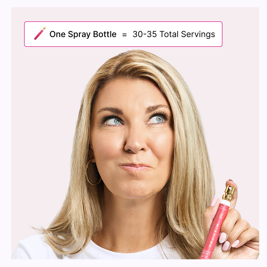 Woman using a purple spray bottle with text about sleep benefits.
