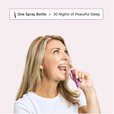 Woman using a purple sleep spray bottle against a pastel background.