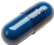 A blue capsule with a dagger silhouette inside.