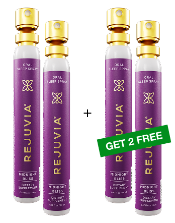Four purple oral sleep spray bottles with gold caps, labeled 'Rejuvia.'