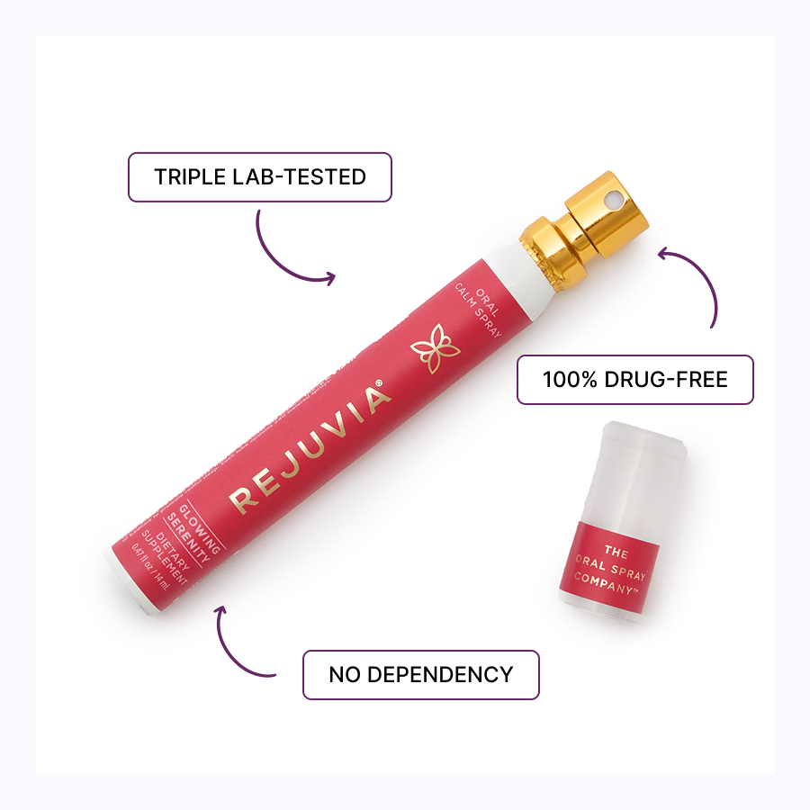 Red oral spray bottle labeled 'Rejuvia' with text: 'Triple Lab-Tested', '100% Drug-Free', 'No Dependency'.