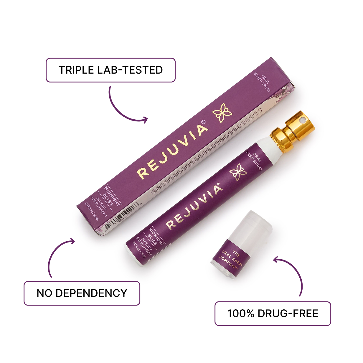 Rejuvia midnight sleep spray with packaging, labeled drug-free and no dependency.