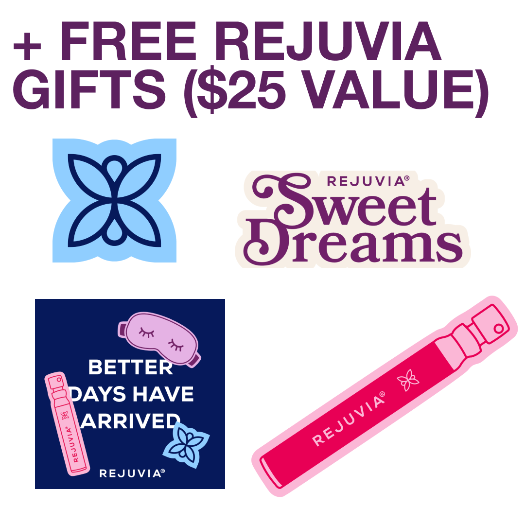 Promotional graphic for Rejuvia gifts featuring logos and product illustrations.