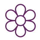 A stylized purple flower with six petals and a circular center.