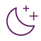 A purple outline of a crescent moon with stars.