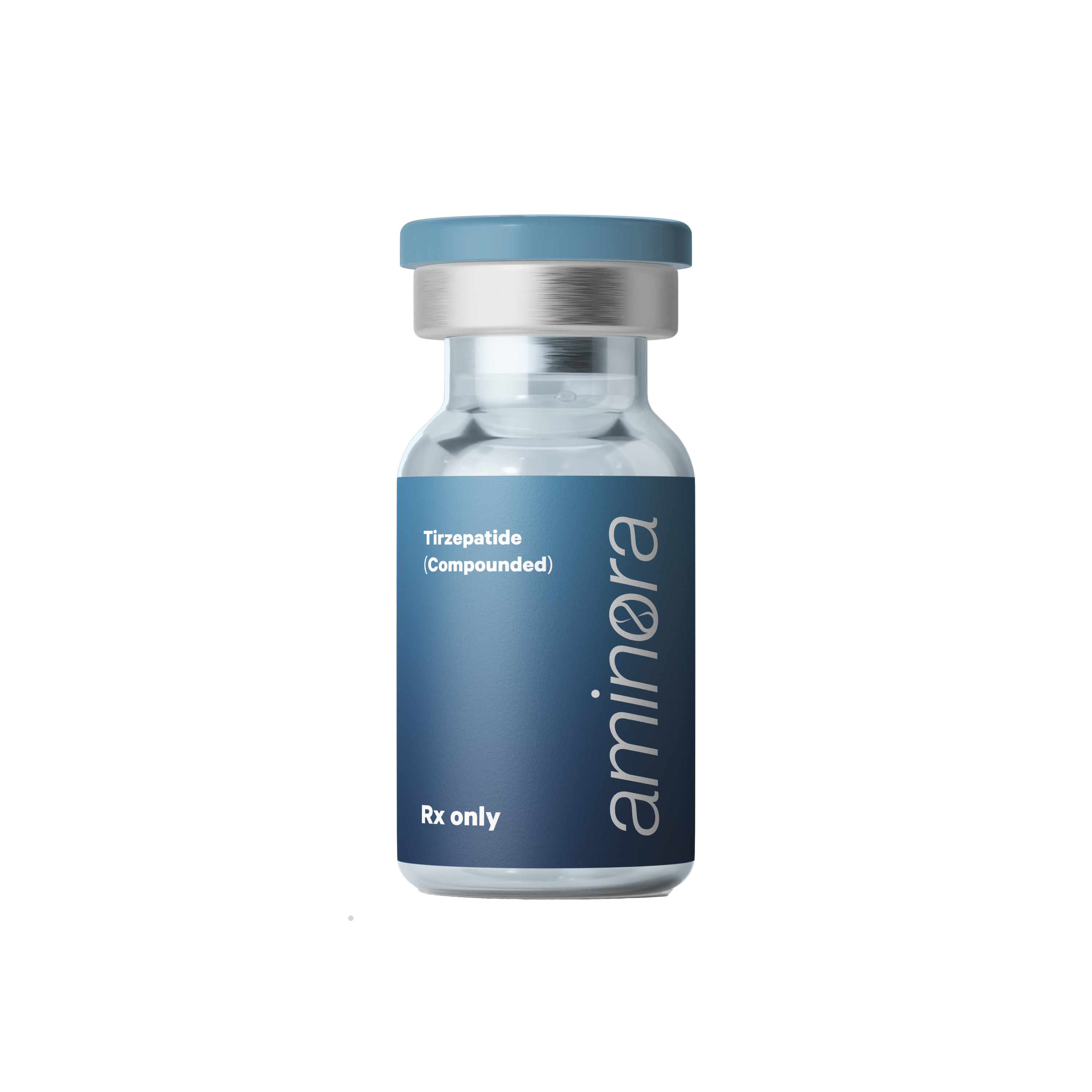 A vial labeled 'Tirzepatide (Compounded)' with a blue and silver cap.