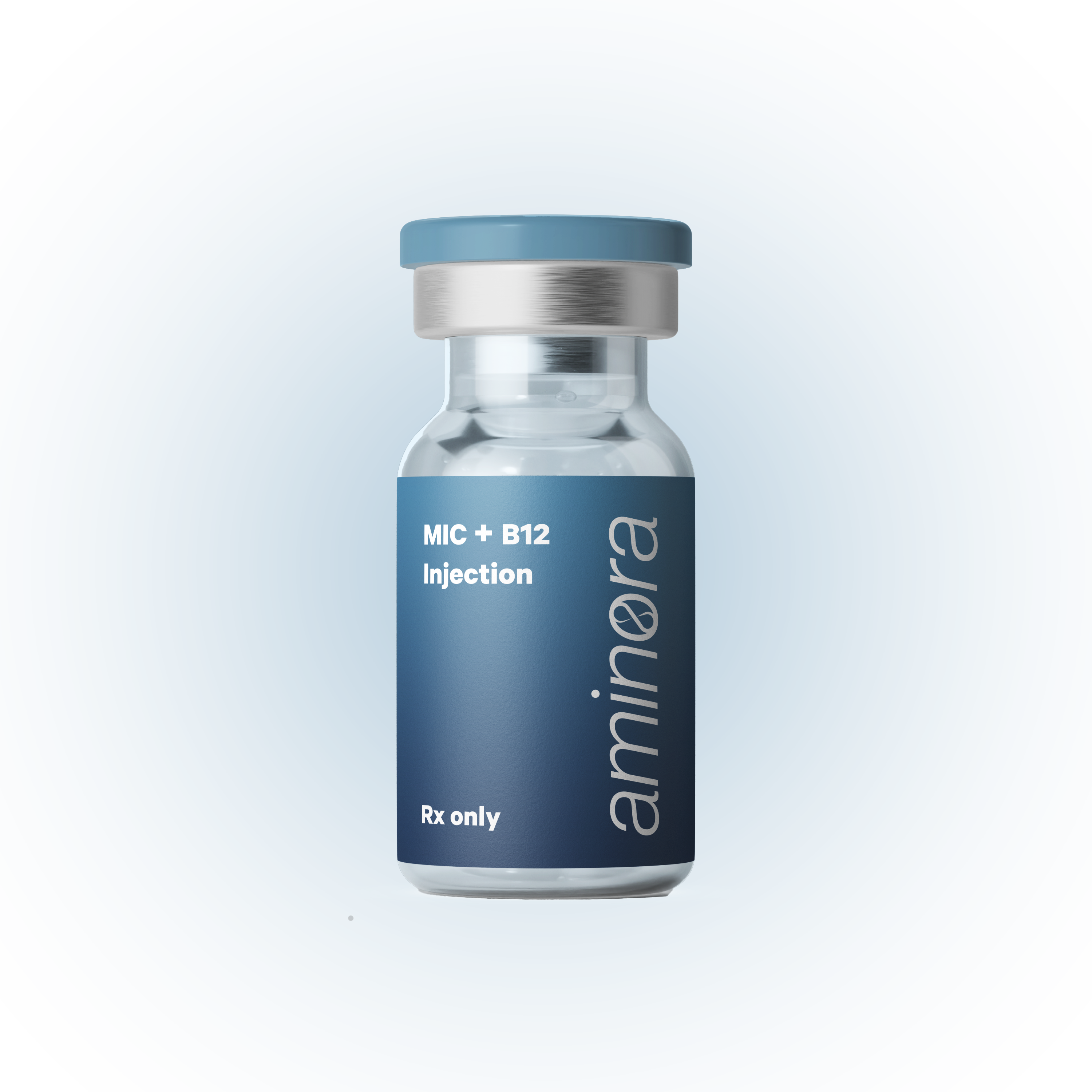 Vial labeled 'MIC + B12 Injection' with 'aminora', on blue background.