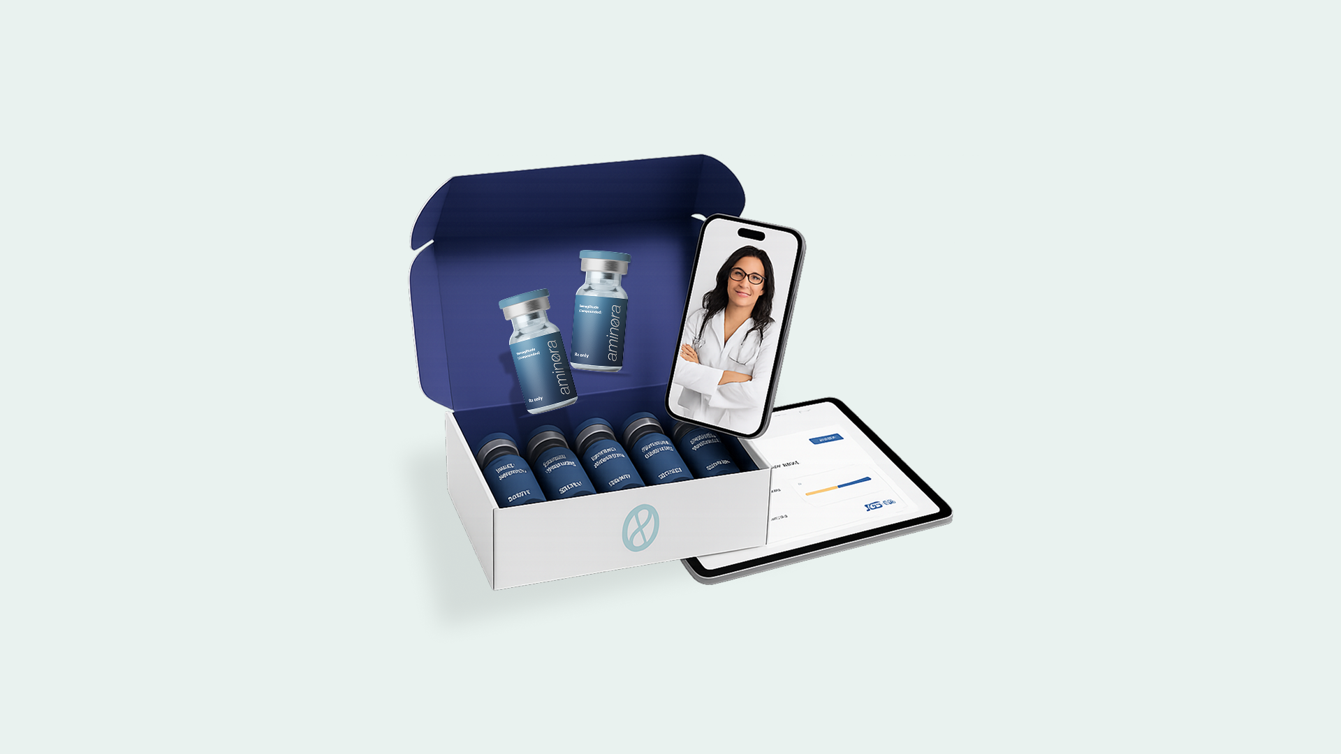 Open box with vials, a smartphone with a woman, and a tablet with charts.