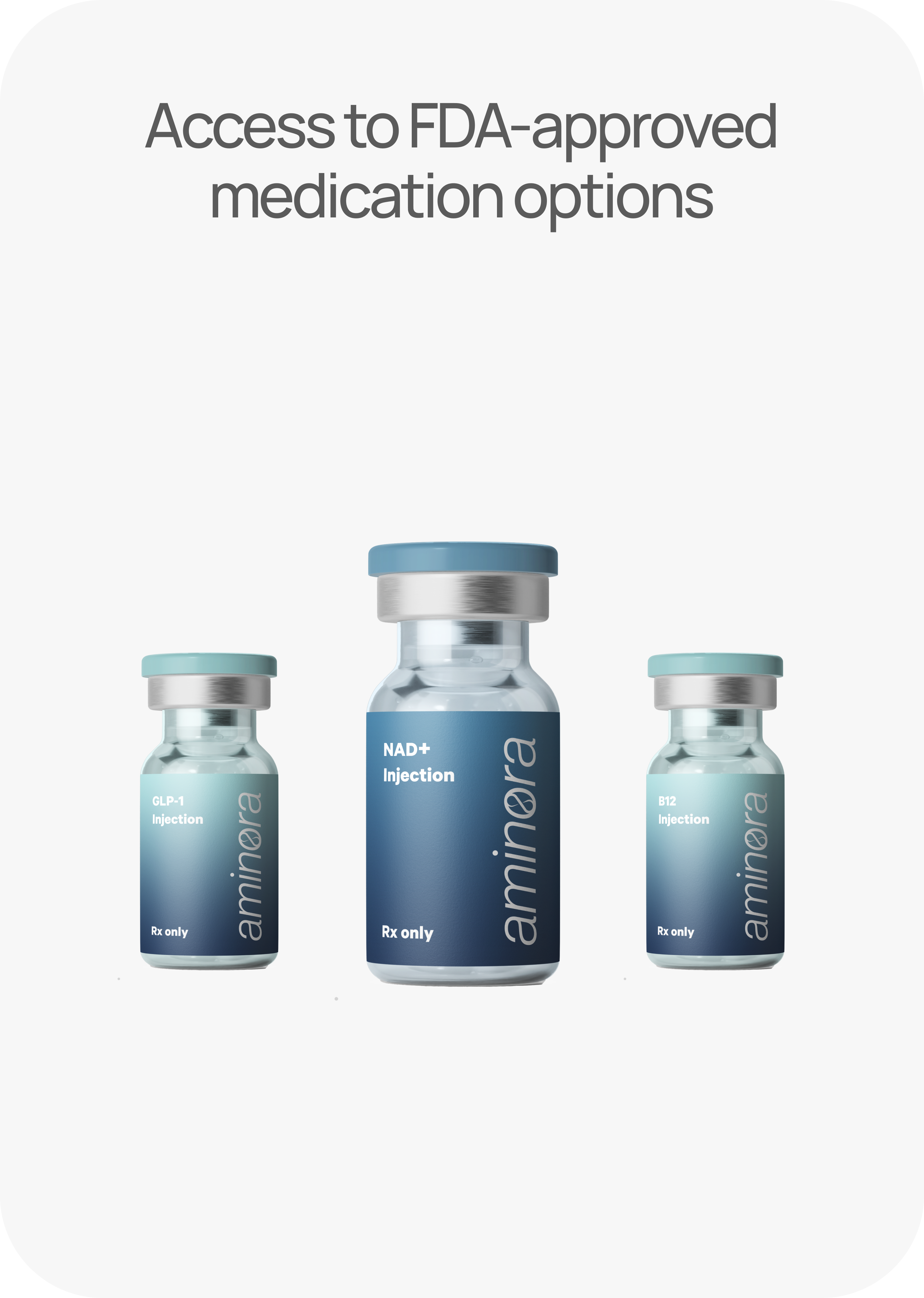 Three medication vials labeled GLP-1, NAD+, and B12 against a white background.