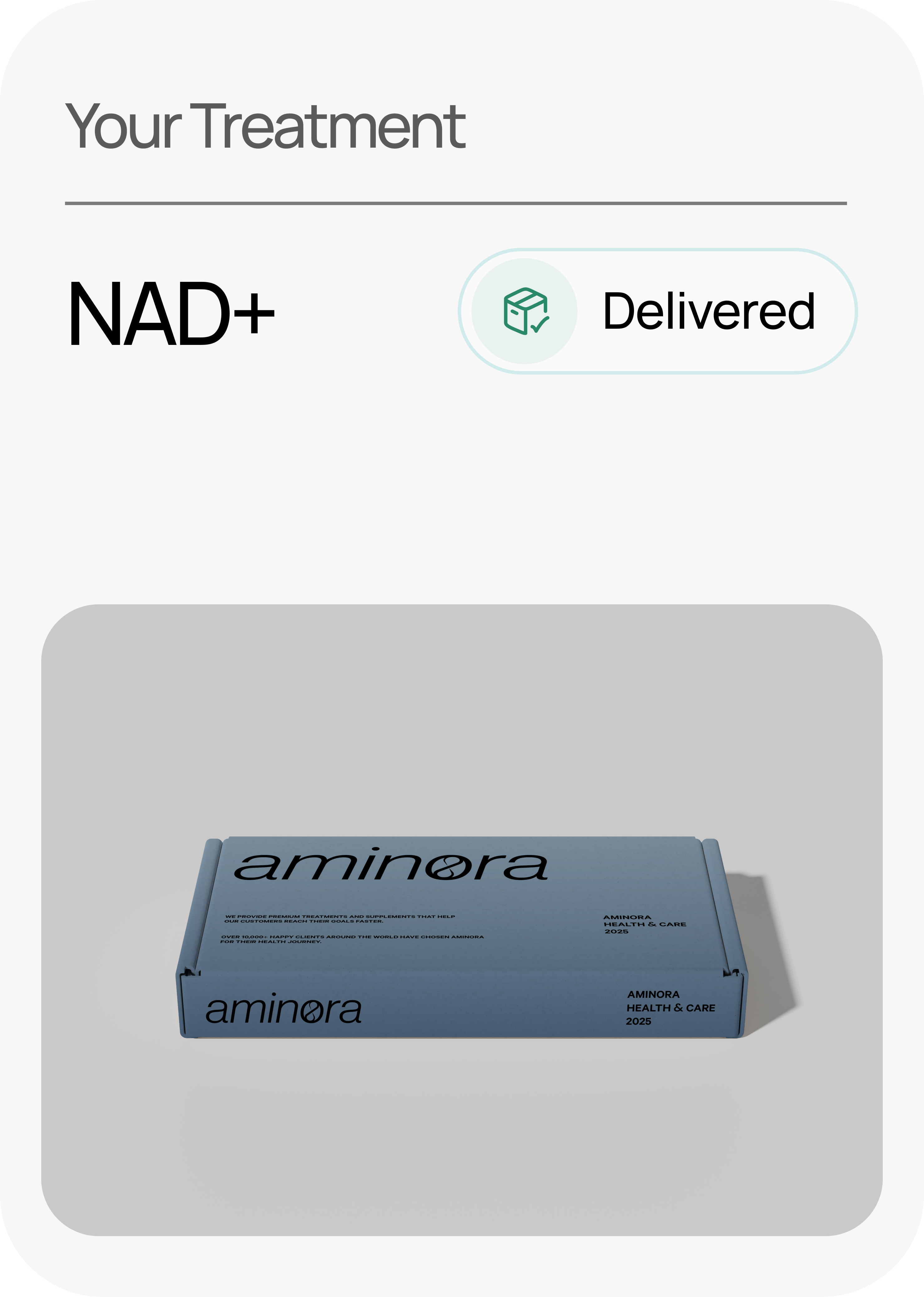 A blue box labeled 'aminora' with text 'Your Treatment' and 'Delivered' on the page.
